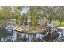 Waterfront property with dock, boat, and rear deck featuring tropical foliage for luxurious outdoor living at 11415 Palmetto Dr, Tavares, FL 32778