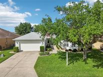 Charming single-story home with a well-manicured lawn, mature tree, and attached two-car garage at 26821 Augusta Springs Cir, Leesburg, FL 34748