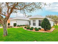 Charming single-story home boasts lush landscaping, a manicured lawn, and a freshly painted exterior at 26821 Augusta Springs Cir, Leesburg, FL 34748