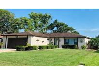 Charming single-story home with a well-manicured lawn, mature landscaping, and an attached two-car garage at 402 Firewood Ave, Eustis, FL 32726