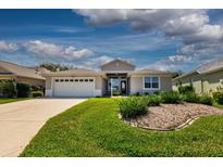 Charming single-story home with a well-manicured lawn, tidy landscaping, and a two-car garage at 5824 Blue Savannah Dr, Leesburg, FL 34748