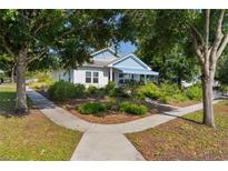 Charming home featuring a blue awning, complemented by lush landscaping and a welcoming walkway at 1013 Lake Elsie Dr, Tavares, FL 32778
