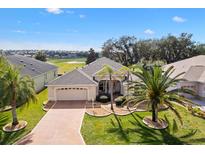 Beautiful home featuring mature landscaping, a two car garage and a long, paved drive way at 1380 Mayesville Way, The Villages, FL 32162