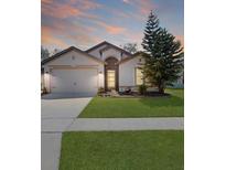 Charming single-Gathering home with a well-manicured lawn and two car garage, set against a vibrant sunset backdrop at 2376 Bexley Dr, Tavares, FL 32778