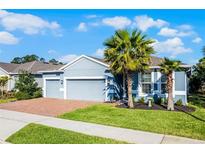 Charming single-story home with a well-manicured lawn, brick driveway, and beautiful palm trees at 17024 Goldcrest Loop, Clermont, FL 34714