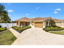 Charming single-story home featuring a well-manicured lawn and a spacious driveway leading to a two-car garage at 1143 Barrineau Pl, The Villages, FL 32163