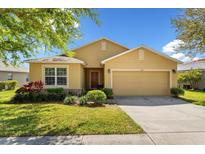 Charming single-story home featuring a well-manicured lawn, lovely landscaping, and attached garage at 202 Compass Rose Dr, Groveland, FL 34736