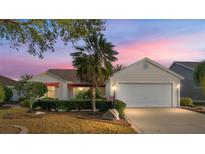 Charming single-story home with manicured landscaping, mature palm trees, and a two-car garage at 891 Lucky Ln, The Villages, FL 32162