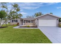Charming single-story home with well-manicured lawn, gray siding, and a two-car garage at 17965 Se 107Th Ct, Summerfield, FL 34491
