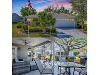 Charming single-story home with well-manicured lawn, complemented by a screened patio and outdoor furniture at 3360 Richmond Dr, The Villages, FL 32162