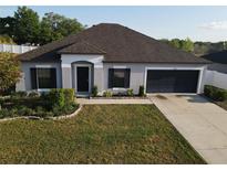 Charming single-story home featuring a well-manicured lawn, a two-car garage, and classic dark shutters at 12807 Sugar Ct, Grand Island, FL 32735