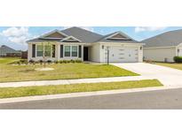 Charming single-story home with well-manicured lawn, lush landscaping, and an attached two-car garage at 3273 Dzuro Dr, Oxford, FL 34484