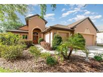 Exterior view features lush landscaping leading to a home with a covered entrance and a two-car garage at 3048 New Haven Pl, Mount Dora, FL 32757
