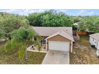 Charming single-story home with a well-manicured lawn, mature trees, and a two-car garage at 831 Whisper Sound, Minneola, FL 34715