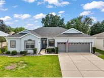 Charming single-story home with a well-manicured lawn, gray roof, and attached two-car garage at 3800 Woodleaf Ct, Leesburg, FL 34748