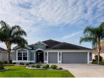Charming single-story home with a three-car garage and well-manicured landscaping, framed by mature palm trees at 3942 Zenith Loop, The Villages, FL 32163