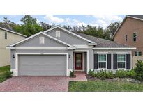 Charming single-story home featuring a brick walkway, gray stucco, and well-maintained landscaping at 444 Shadow Gorge Way, Eustis, FL 32736