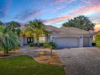 Charming single-story home with a three-car garage, beautiful landscaping, and a paved driveway at 1573 Blenheim Trl, The Villages, FL 32162