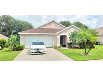Charming single-story home featuring a well-manicured lawn and attached two-car garage at 15702 Bay Vista Dr, Clermont, FL 34714
