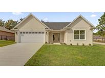 Charming single-story home with a two car garage, lush lawn, and neutral colored facade at 16380 Se 83Rd Ct, Summerfield, FL 34491