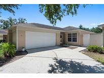 Well-maintained, light-colored home with a two-car garage and concrete driveway nestled under mature trees on a sunny day at 2012 Braxton St, Clermont, FL 34711