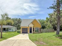 Charming single-Gathering home with a yellow exterior, dark shutters, a gray roof, and a well-maintained lawn at 217 S East St, Leesburg, FL 34748