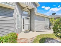 Inviting home entrance with a white front door, gray siding, and well-maintained landscaping at 26736 Cash Ct, Leesburg, FL 34748
