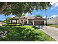 Charming single-story home features a well-maintained lawn and attached two-car garage at 1554 Sarus Ave, Groveland, FL 34736