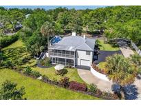 Stunning aerial view of a two-story home with screened balcony, lush garden, and an expansive driveway at 306 N Clayton St, Mount Dora, FL 32757