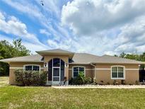 Charming single-story home boasts a stucco exterior, well-maintained landscaping, and an inviting front entrance at 31728 Nutmeg Ave, Eustis, FL 32736