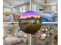 Collage featuring an exterior, community, living room, and bedroom with a ceiling fan at 819 Hibiscus Dr, The Villages, FL 32159