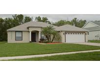 Charming single-story home featuring a well-manicured lawn and a two-car garage at 13546 Biscayne Grove Ln, Grand Island, FL 32735