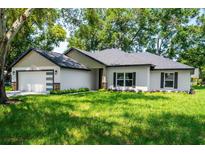 Charming single-story home featuring a two-car garage, well-manicured lawn, and neutral exterior paint at 10033 Canterbury Dr, Leesburg, FL 34788