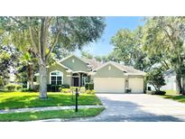 Charming single-story home with a well-manicured lawn, mature trees, and a three-car garage at 105 E Blue Water Edge Dr, Eustis, FL 32736