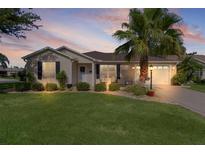 Charming home featuring a well-manicured lawn, lush landscaping, and a beautiful palm tree enhancing its curb appeal at 334 Shiloh Ct, The Villages, FL 32162