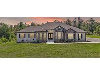 Charming single-story home with stone accents, arched windows, double doors, and a well-manicured lawn at 40050 Darlington Ave, Lady Lake, FL 32159