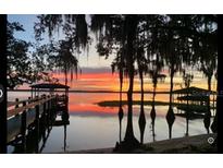 Sunset view showing the dock, gazebo and silhouette of trees reflected in the calm waters at 12104 Elbert St, Clermont, FL 34711