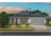 Charming single-story home featuring a well-manicured lawn, lovely landscaping, and a two-car garage at 16211 Oak Breeze Ct, Clermont, FL 34711