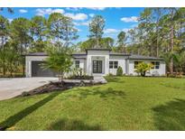 Beautiful single-story home with a modern design, well-manicured lawn, and a convenient two-car garage at 42191 Cashew St, Eustis, FL 32736