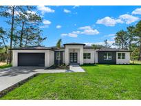 Charming single-story home featuring a manicured lawn, modern architectural design, and a spacious driveway with a two-car garage at 42191 Cashew St, Eustis, FL 32736