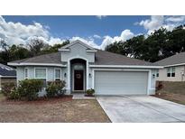 Charming single-story home featuring a two-car garage, neutral paint, and a well-manicured front lawn at 704 Chelsea Ave, Fruitland Park, FL 34731