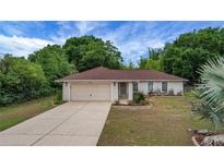 Charming single-Gathering home featuring a lush green lawn, mature trees, and an attached two-car garage at 14490 Se 96Th Ter, Summerfield, FL 34491