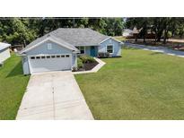 Charming one story home with a well-manicured lawn and a light blue front door at 8635 Se 156 St, Summerfield, FL 34491