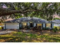 Charming single story home with lush landscaping, shutters, and a two car garage at 11126 Oakshore Ln, Clermont, FL 34711