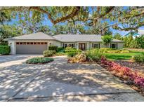 Inviting single-story home featuring mature landscaping, a two-car garage, and a charming red front door at 1341 W Lakeshore Dr, Clermont, FL 34711