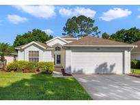 Charming single-story home featuring a well-manicured lawn, attached garage, and inviting front entrance at 239 Juniper Way, Tavares, FL 32778