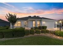 Charming single-story home with well-manicured lawn and hedges under a vibrant sunset sky at 3393 Talley Ridge Dr, The Villages, FL 32162