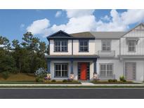 Charming two-story home showcasing a vibrant orange front door and inviting covered porch at 6476 Barnstorm Way, St Cloud, FL 34771