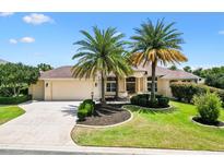 Charming one-story home featuring a well-manicured lawn, mature palm trees, and an attached two-car garage at 1123 Barnacle Ter, The Villages, FL 32162