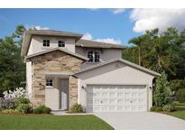 Two story home showcases a stone accent entry, light stucco siding, and a two car garage at 2048 Asher Ave, Minneola, FL 34715